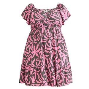 Terra Sky Plus Size 1X Pink Black Tropical Leaf Smocked Empire Waist Midi Dress